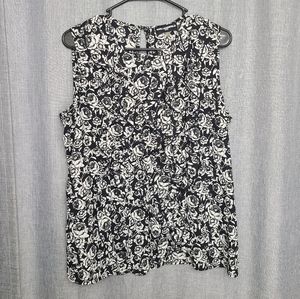 Karl Lagerfeld black & white floral print sleeveless blouse sz L ruffle front